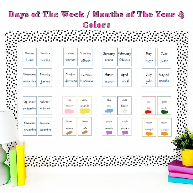 Printable Spanish to English Classroom Labels. Days of the week, months of the year, and colors in English and Spanish Labels for classroom.
