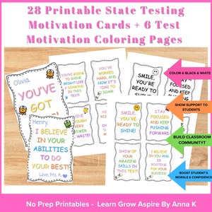 Printable cards that teachers or parents can use on state testing or standardized testing days to empower and motivate kids to do their best. This resource also includes empowering coloring pages Perfect gift for students to testing day morning.
