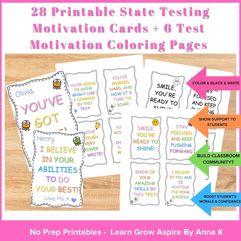 Printable cards that teachers or parents can use on state testing or standardized testing days to empower and motivate kids to do their best. This resource also includes empowering coloring pages Perfect gift for students to testing day morning.