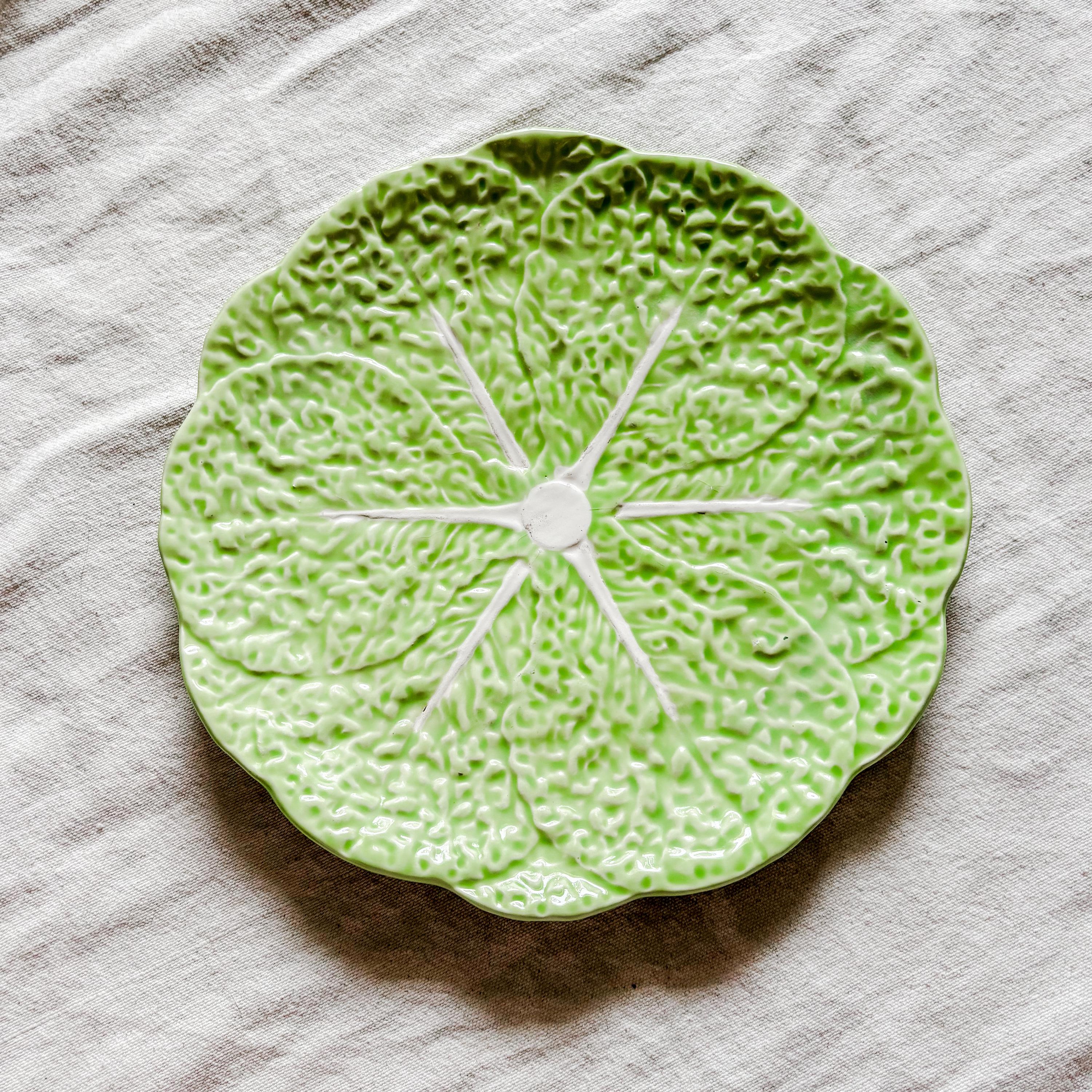 Vintage Olfaire Green Cabbage Leaf Majolica Plate: Cottagecore