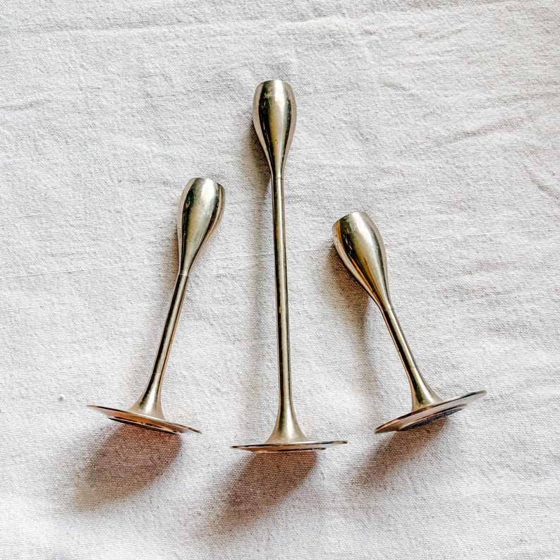 70s goblet style brass candlestick holder set of 3 / brass candle holders / candle holder set / candlestick holders / mantle decor / mcm