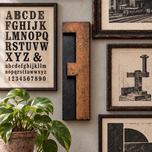 May include: A vertical wooden wall sculpture shaped like the letter F, featuring a dark black left side and a natural brown wood grain right side, displayed among framed prints of an alphabet chart and technical machinery illustrations.