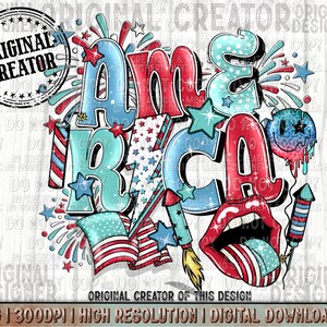 May include: A digital illustration of the word "America" in bold, colorful letters with red, white, and blue stars and stripes. The letters are decorated with glitter and fireworks. The image includes a red, white, and blue tongue sticking out of a red mouth, and a blue and white smiley face with a red, white, and blue dripping ice cream.