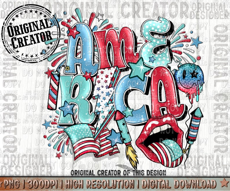 May include: A digital illustration of the word "America" in bold, colorful letters with red, white, and blue stars and stripes. The letters are decorated with glitter and fireworks. The image includes a red, white, and blue tongue sticking out of a red mouth, and a blue and white smiley face with a red, white, and blue dripping ice cream.