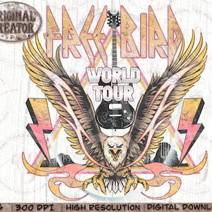 May include: A vintage-style graphic design featuring a stylized eagle with outstretched wings, a guitar, and the text "Free Bird World Tour". The design is in shades of yellow, brown, pink, and white, with a distressed, faded look.