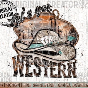 K&ouml;nnte beinhalten: &bdquo;Let's get Western&ldquo; Grafik mit einem Cowboyhut, Spielkarten und einer Feder. Der Text ist in einer verwitterten braunen Schrift.