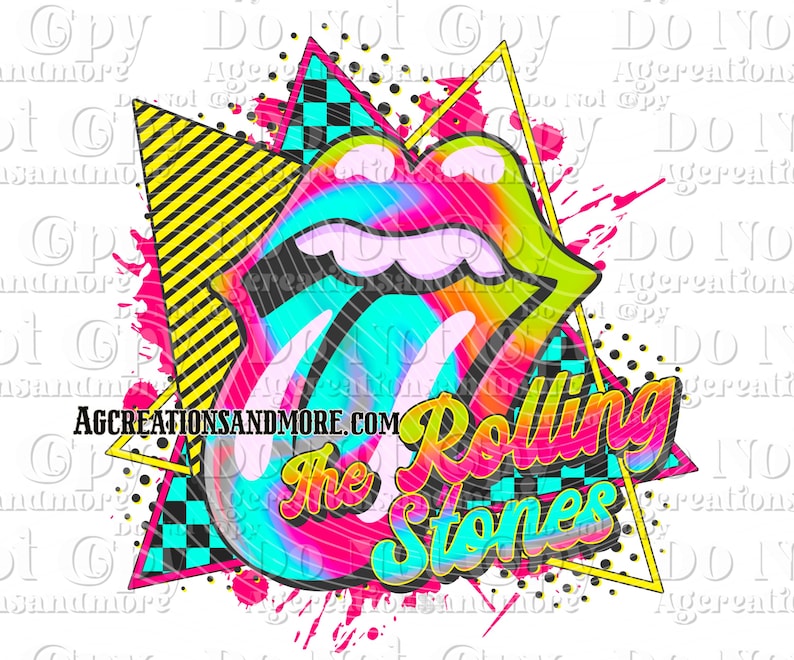 May include: A vibrant graphic featuring the iconic Rolling Stones tongue logo. The design incorporates a rainbow-colored tongue, set against a backdrop of pink, yellow, and black geometric shapes. The text "The Rolling Stones" is also included.