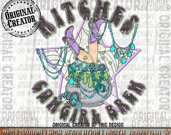 May include: A purple star with a witch's leg sticking out of a cauldron. The cauldron is filled with green liquid and jewels. The text "Witch's Songbird" is written around the star.