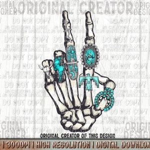 Retro Western Cowgirl Png, Skeleton Teal Concho Rings Png, Skeleton Peace Sign Png, Sublimation Png, Trendy Design Png, Skeleton Png