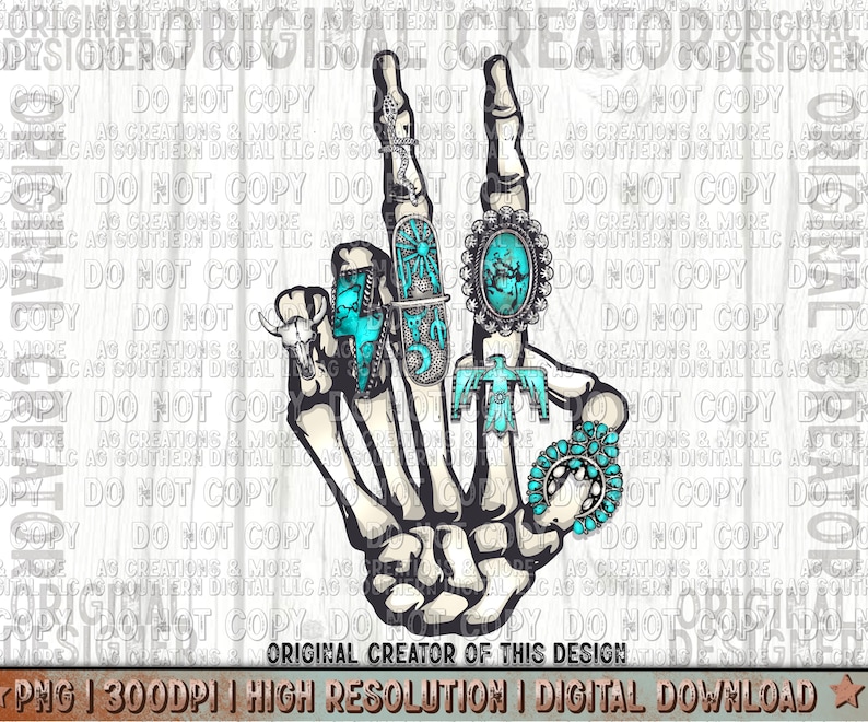 May include: A skeletal hand with turquoise and silver rings. The rings feature southwestern designs, including a sun, a crescent moon, a bird, and a bull's head. The background is a white woodgrain pattern.