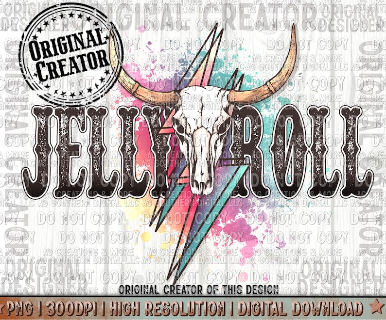 Puede incluir: Una descarga digital de un dise&ntilde;o gr&aacute;fico con un fondo de acuarela colorido, un rayo, una calavera de vaca y el texto "JELLY ROLL".