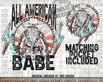Western Cowgirl All American Babe Pocket Set PNG sublimation Design Download, red, white and blue png, Independence Day png, Fourth of July
