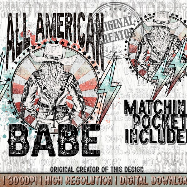 Western Cowgirl All American Babe Pocket Set PNG sublimation Design Download, red, white and blue png, Independence Day png, Fourth of July