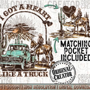 Heart Like A Truck Png, Western Sunset Cowgirl, Pocket Set PNG Sublimation, Western Shirt Png, Sublimation Download, Design PNG, Country PNG
