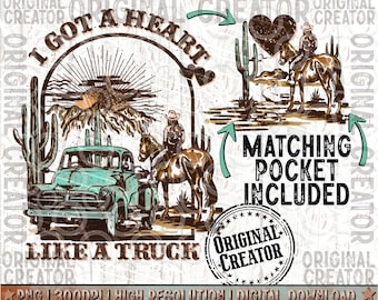 Heart Like A Truck Png, Western Sunset Cowgirl, Pocket Set PNG Sublimation, Western Shirt Png, Sublimation Download, Design PNG, Country PNG