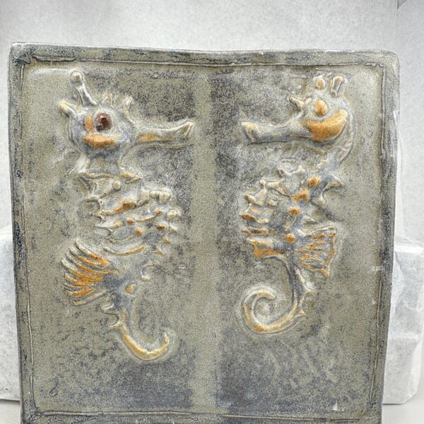 Beach House Stoneware Pottery Tile Wall Art Artisan Handmade Ceramic Nautical Sea Life Ocean Theme SeaHorses Sea Horse