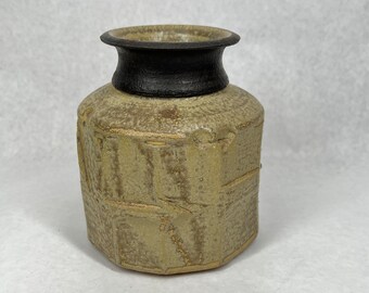 Vintage Artisan Stoneware Pottery Vase Signed Artist Patrick Kennedy Vermont USA 1970's Original Glazed Art Earth Tones Brown Tan Black