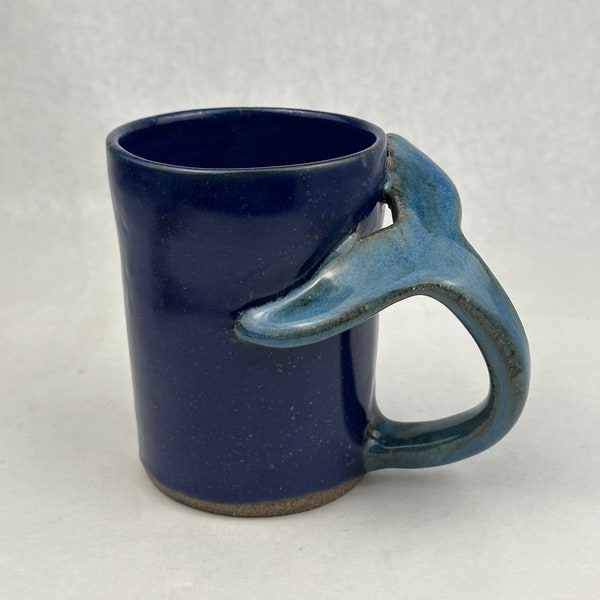 Artisan Stoneware Dolphin Tail Mug Original Signed Pottery Coffee Hot Chocolate or Tea Cup Glazed Nautical Ocean Style