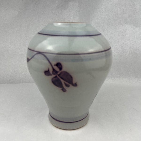 Vase Shaped Lamp Base - Artisan Pottery Vermont by York Hill Glazed Ceramic Purple Flower on Blue Gray Base