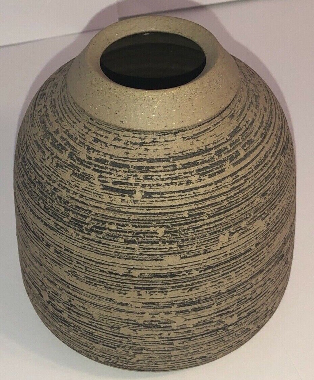 Handmade Art Studio Pottery Vase Black & Beige Pottery Stoneware Signed