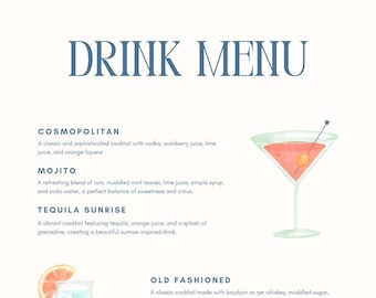 Puede incluir: Un menú ilustrado colorido con una lista de cócteles clásicos, incluyendo el Cosmopolitan, el Mojito, el Tequila Sunrise, el Old Fashioned, el Moscow Mule, el Mai Tai, la Margarita, el Daiquiri y el Manhattan. Cada cóctel está ilustrado con una imagen colorida de la bebida.