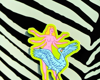 Neon Girl with Blue Heron, Die Cut Sticker, Vinyl Sticker