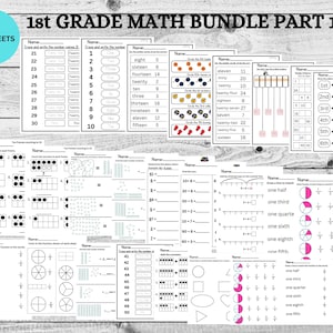 1st Grade Math Worksheets|Ordinal Numbers|Fractions|Base 10 Numbers|Place value|Math Practice| Home School|Writing Number Names