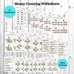 May include: A set of 24 printable worksheets for teaching children how to count money. The worksheets feature images of US coins and bills, with different amounts of money to count. The worksheets are designed to help children learn to recognize different denominations of US currency and to practice adding and subtracting money.