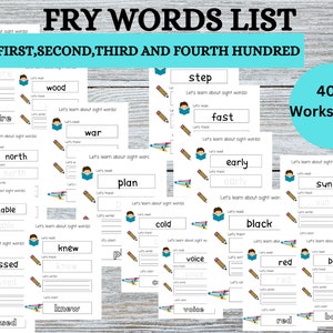 400 Printable Sight Words, Kindergarten Worksheets, Fry Sight Word Spelling Practice, Home school, Kindergarten, Grade 1Book