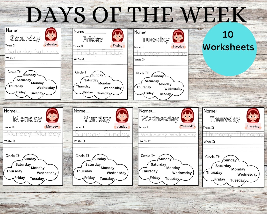 Preschool Days of the Week Worksheets, Kindergarten Days/week Practice