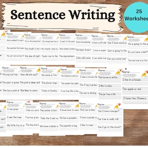 25 Printable Write the Sentence Worksheets, Sentence Writing Worksheets, Kindergarten Reading,  1st-3rd Grade ELA Worksheets