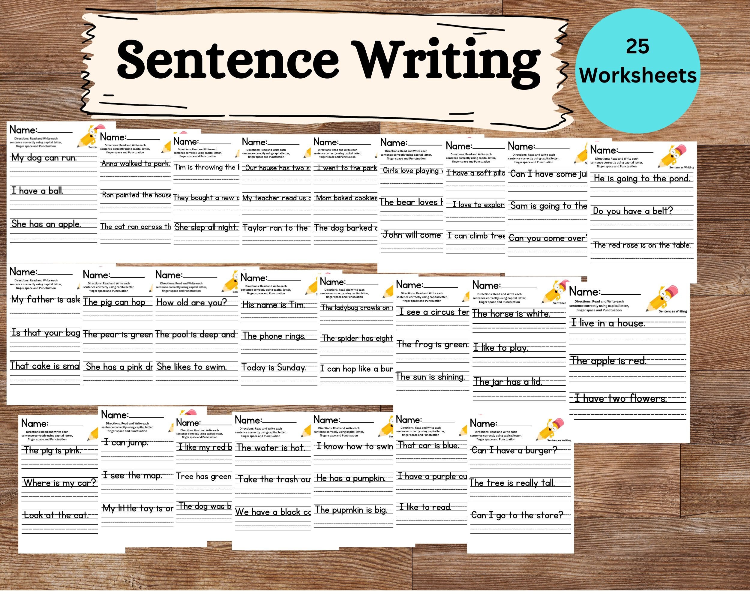25 Printable Write the Sentence Worksheets, Sentence Writing Worksheets, Kindergarten Reading,  1st-3rd Grade ELA Worksheets