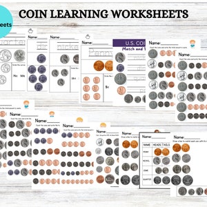 Instant Download Printable Coin Worksheets, Learn Coins, Count Money, Back to School, Writing Activity, Kindergarten, 1st Grade, 2nd Grade