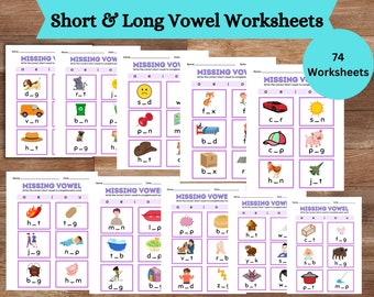 May include: A set of 74 printable worksheets for kids to practice identifying short and long vowel sounds. Each worksheet features a picture and a word with a missing vowel. The student must write the correct vowel to complete the word. The worksheets are designed to help children learn to read and spell.
