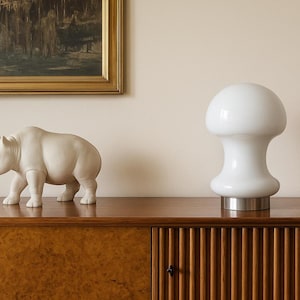 Vintage 1970s Murano Opal Glass Mushroom Table Lamp – Space Age Retro Lighting, Brushed Aluminium Base, Working, 26 cm