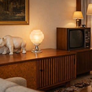 May include: A vintage living room scene featuring a wooden cabinet with a retro television and a decorative rhino figurine. A table lamp with a globe-shaped shade and a floor lamp provide warm lighting. A painting hangs on the wall.