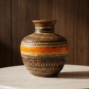 Op de afbeelding: Een bruin en oranje keramische vaas met een getextureerd oppervlak. Het ontwerp bevat horizontale banden en een oranje streep. De vaas staat op een witte tafel met een houten achtergrond.