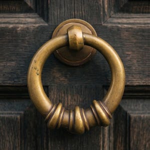 Puede incluir: Primer plano de un aldaba de latón con un asa de anillo. La aldaba está montada en una puerta de madera oscura con vetas visibles. El asa del anillo tiene crestas decorativas.