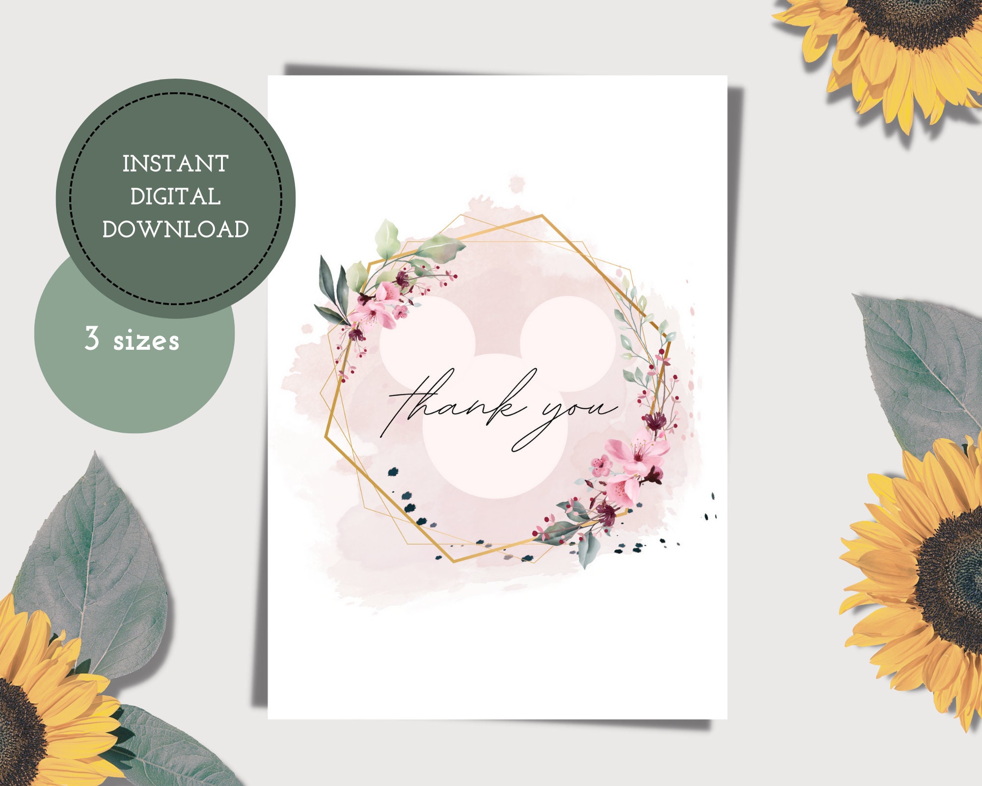 Floral Mouse Printable Thank You Card — Mickey Mouse — Minnie Mouse — Digital Thank You Card — Digital Download — Minimalist Card