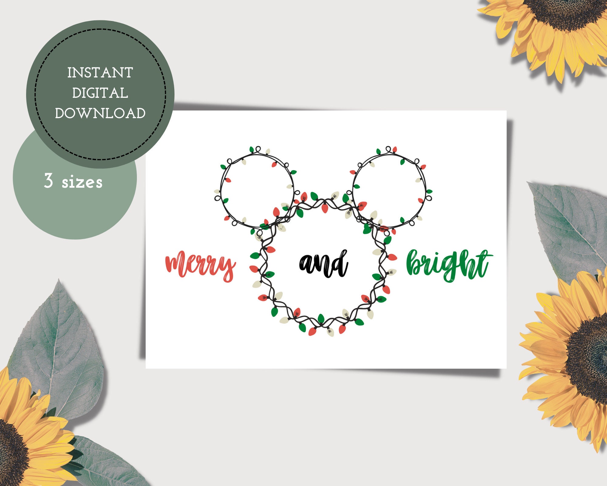 Merry and Bright Printable Christmas Card — Mickey Christmas Lights — Mouse Holiday Lights — Digital Christmas Card — Digital Download