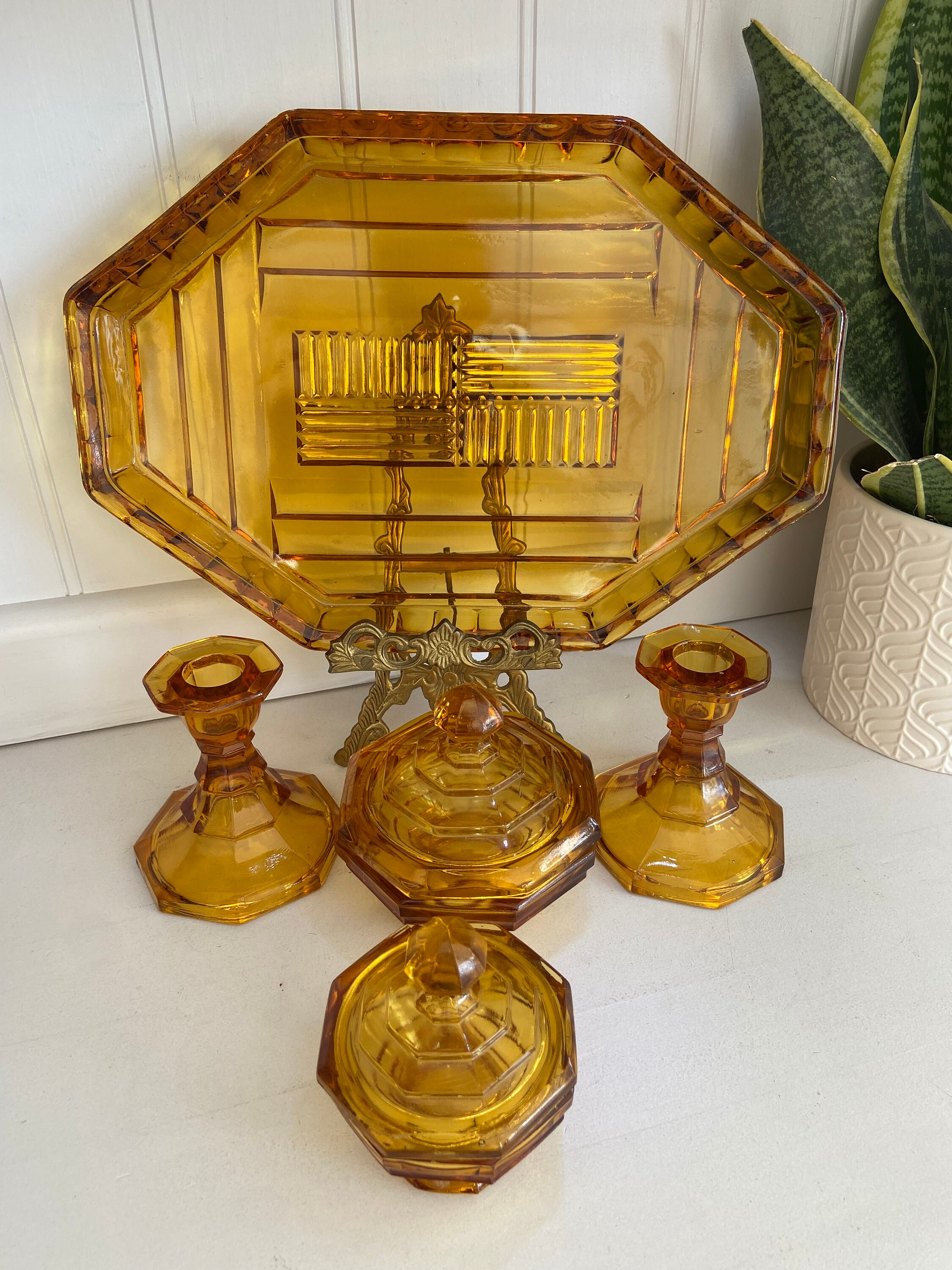 Vintage Art Deco Amber Coloured Glass Dressing Table Set. Etsy UK
