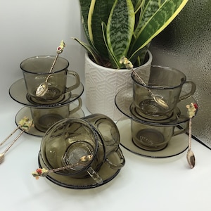 Vintage Arcoroc Smoked Glass Cups and Saucers – Set of 6