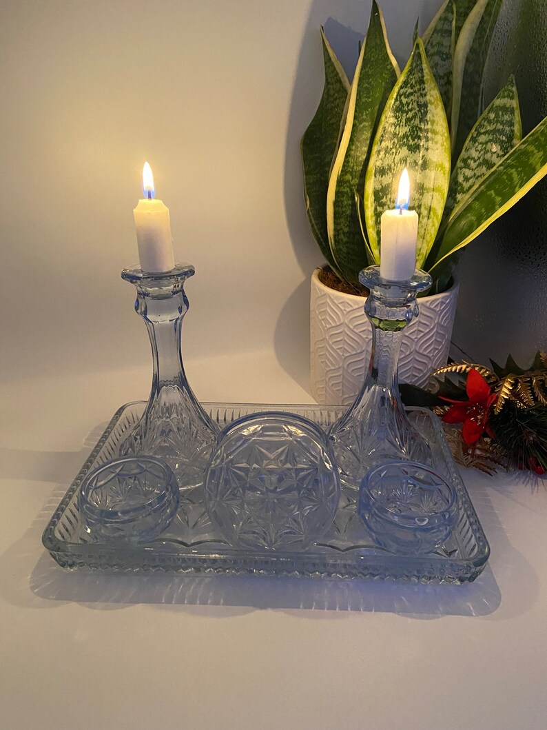 Art Deco Style Blue Glass Dressing Table Set Etsy