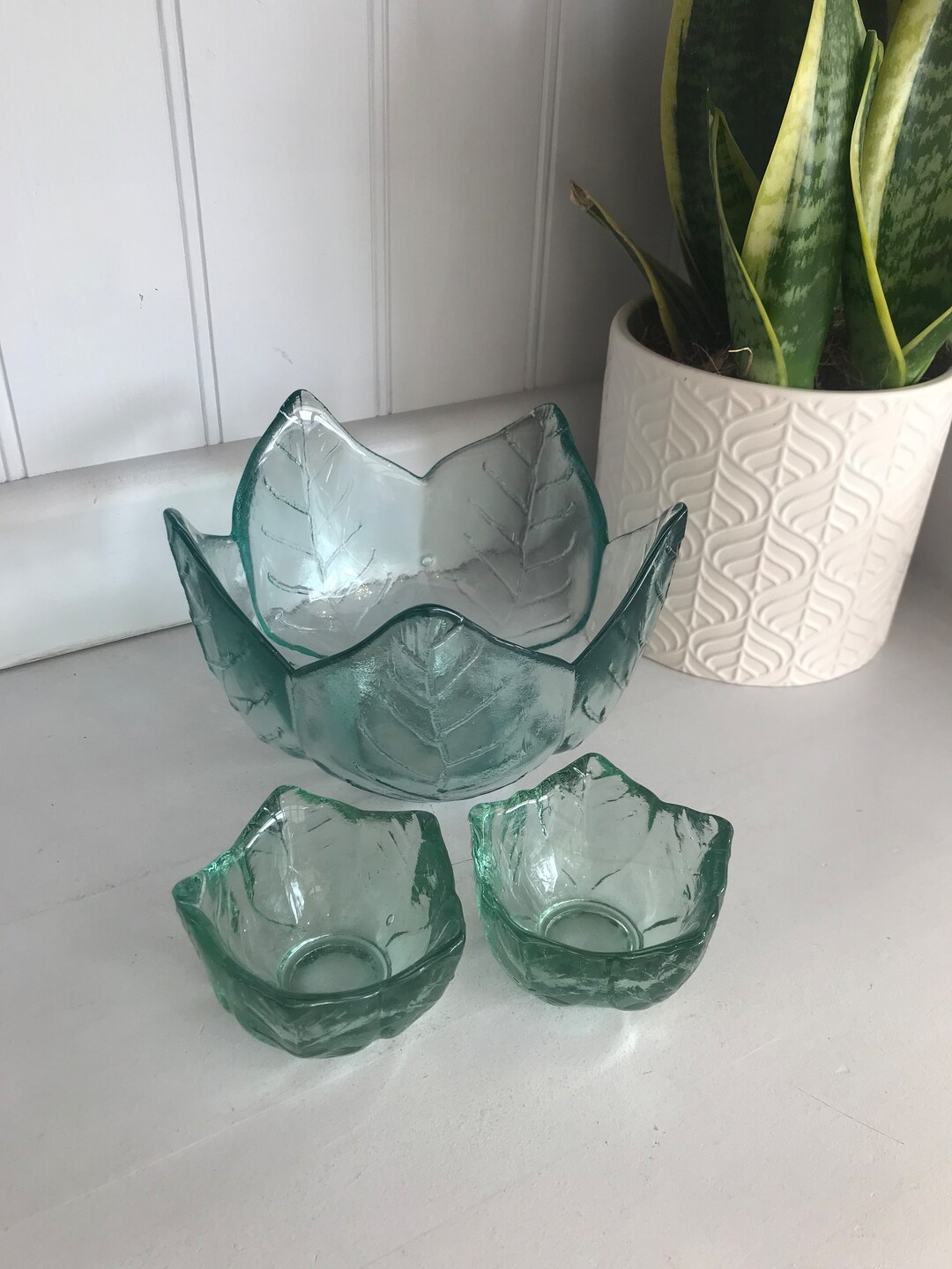 Green Glass Salad Set Etsy UK