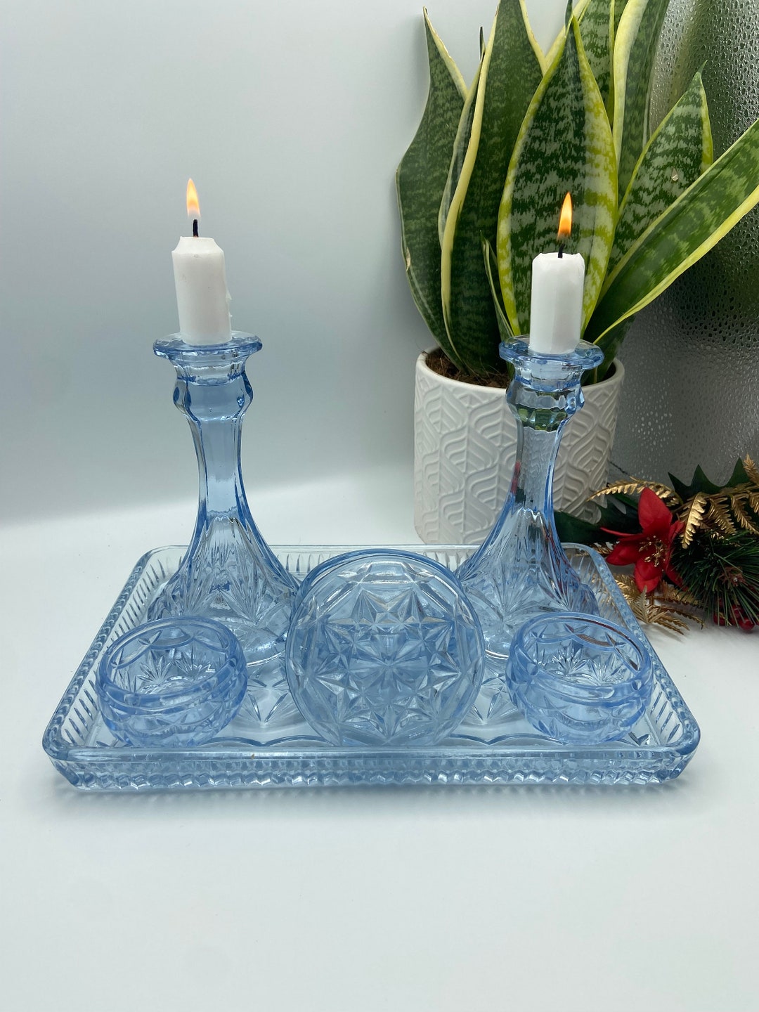 Art Deco Style Blue Glass Dressing Table Set Etsy