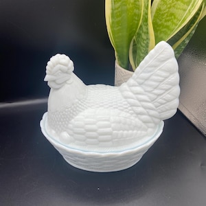 Nesting white milk glass Chicken Egg Storage
