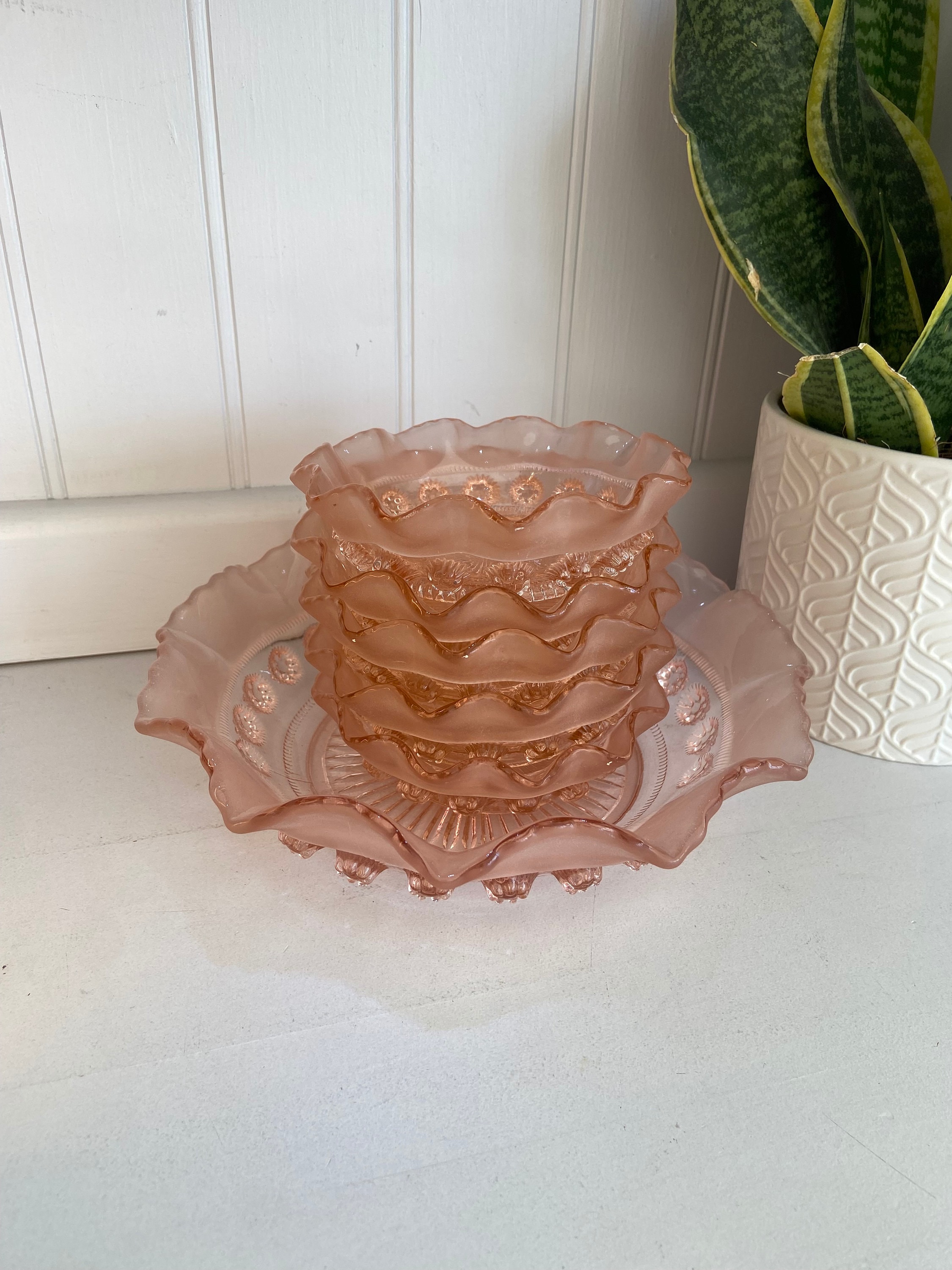 Sowerby Large Pink Glass Serving Bowl With 5 Smaller Pink Etsy UK
