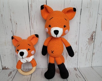 Amigurumi-Fuchsfigur, Babyrassel, Gehäkeltes Stofftier, Handgemachte Actionfigur, Geburtsgeschenkset, Amigurumi gefülltes Plüschtier