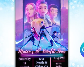 Invitación de cumpleaños de Demon Hunter de KPOP / Neón, brillo, anime (editable, descarga digital)