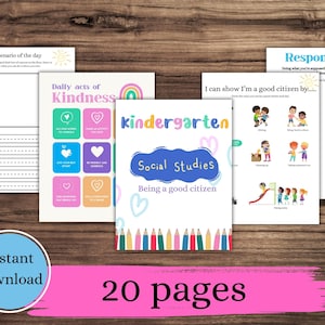 Op de afbeelding: Een set van 20 afdrukbare pagina's voor sociale studies in de kleuterklas. De pagina's bevatten kleurrijke illustraties en activiteiten die gericht zijn op vriendelijkheid, verantwoordelijkheid en een goede burger zijn. De pagina's zijn getiteld "Dagelijkse daden van vriendelijkheid", "Scenario van de dag", "Ik kan laten zien dat ik een goede burger ben..." en "Verantwoordelijkheid".
